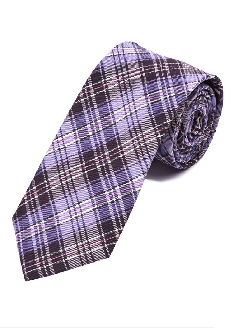 Cravatta lunga in tartan viola e bianco neve