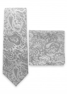 Zusammenstellung Businesskrawatte und Stecktuch Paisleymuster silber