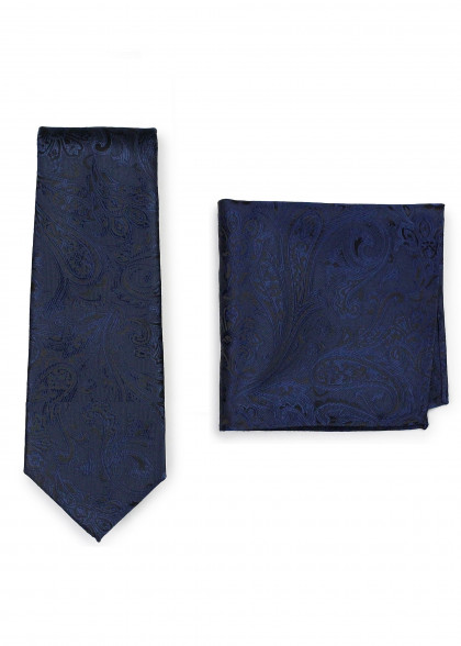Set Businesskrawatte und Ziertuch Paisleymotiv marineblau