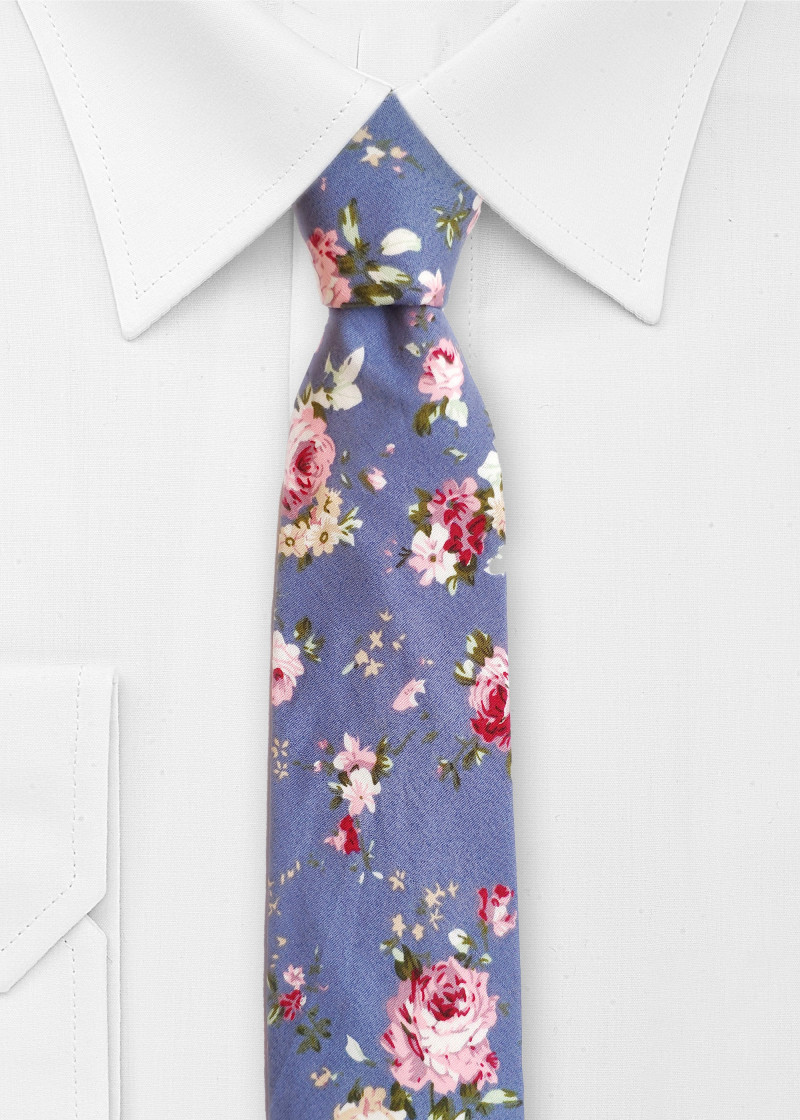 Cravatta da uomo in cotone con decoro a rose blu