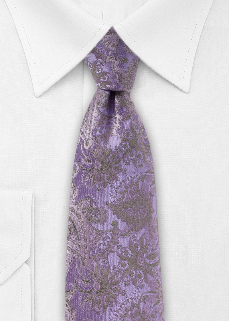 Cravatta viola con motivo paisley verde scuro