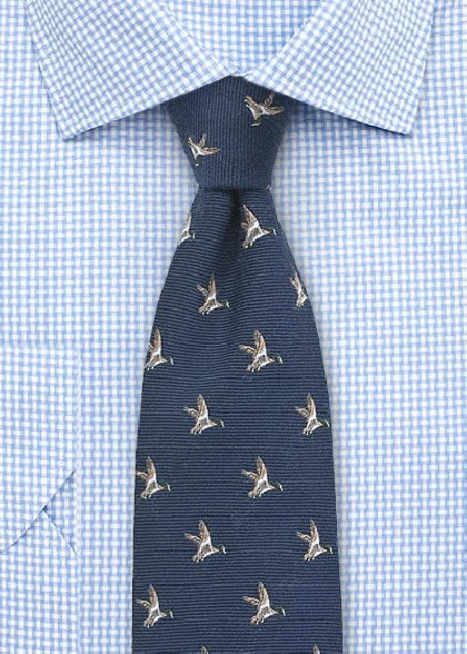 Jagd-Kravatte Wolle navy mit Fasan-Motiv