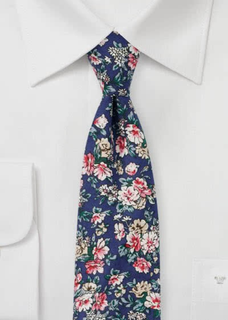 Cravatta in cotone blu scuro con motivo floreale