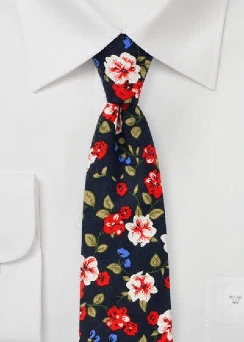 Cravatta in cotone con motivo floreale blu notte